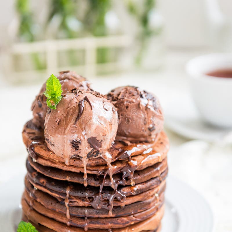 Stack of Homemade Chocolate Pancakes with Chocolate IceCream Stock