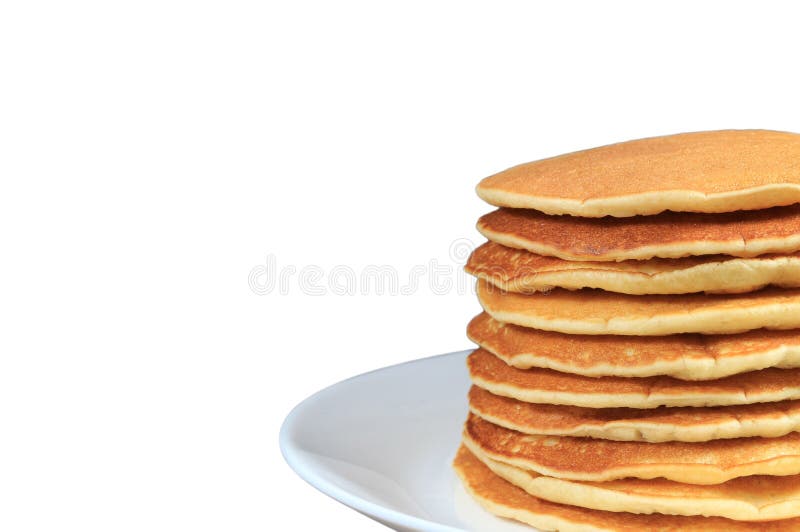 Stack of Homemade Plain Pancakes on a White Plate Isolated on White