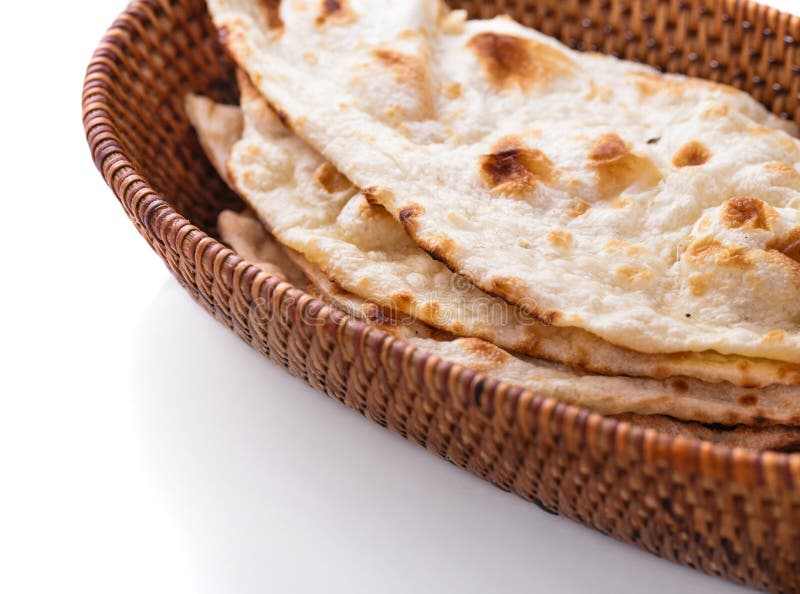 Close up portrait of stack of indian naan bread in small basket