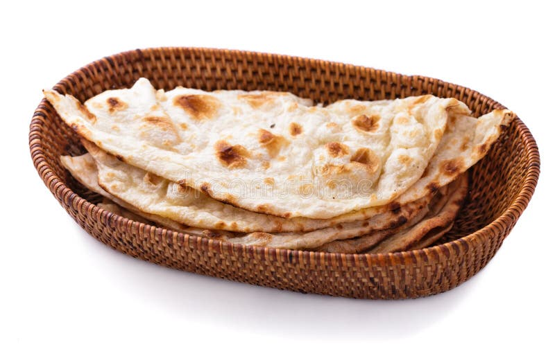 Stack of indian naan bread in small basket isolated on white background