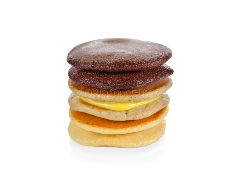Stack of Japanese Pancake or Dorayaki with Banana and Chocolate Stock