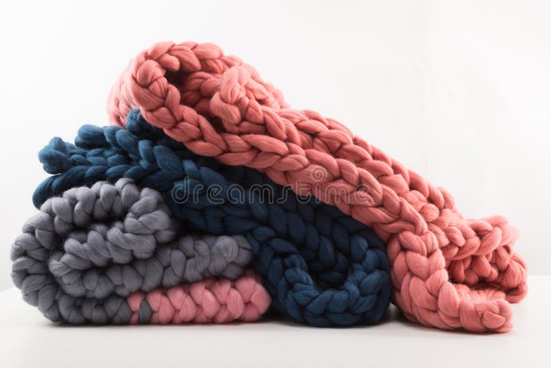 A Stack of Knitted Blankets from Natural Materials on a White