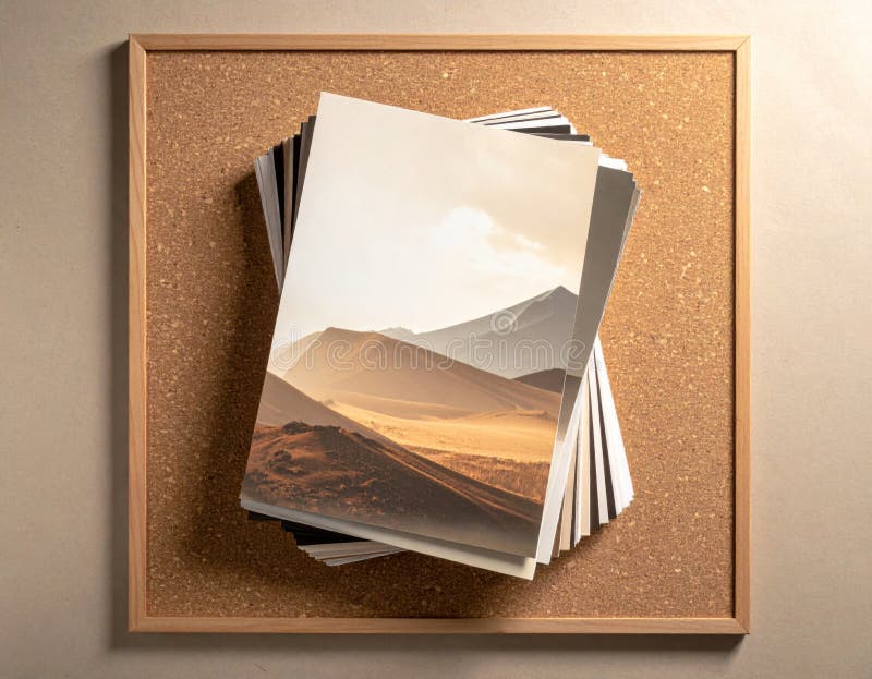 Stack Of Landscape Photos On Cork Board Neutral Background Lighted Room royalty free illustration
