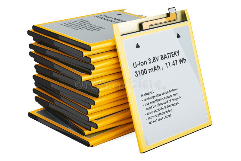 Stack of Lithium Ion Cell Phone Batteries, 3D rendering stock illustration