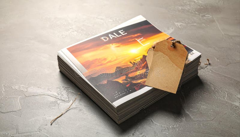 Stack of Magazines with Landscape Cover and Tag vector illustration