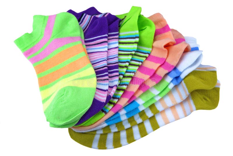 Stack Of Many Pairs Colorful Striped Socks Isolated On White stock photos