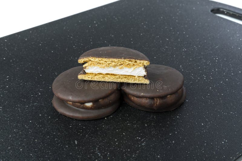 Stack of Marshmallow Chocolate Covered Sandwich Cookies Stock Image