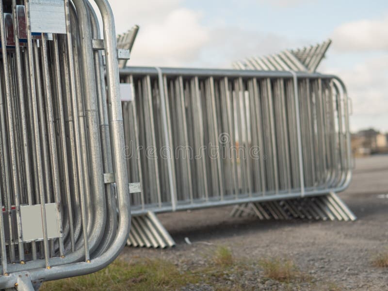 Stack of metal security fences for a public event, Selective focus stock photo