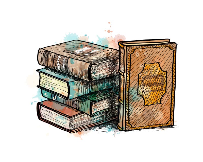 Stack of multi colored books from a splash of watercolor, hand drawn sketch. Vector illustration of paints