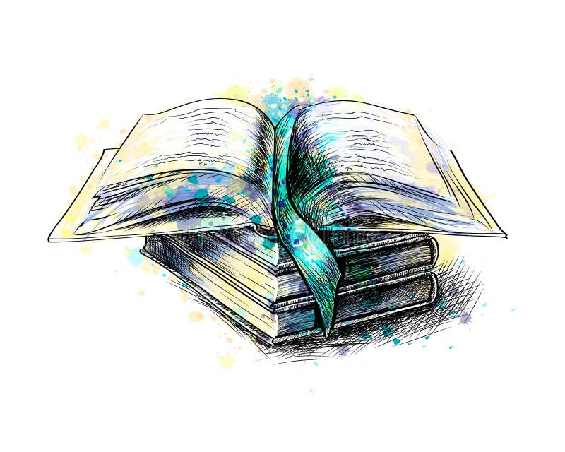 Stack of multi colored books and open book from a splash of watercolor, hand drawn sketch. Vector illustration of paints