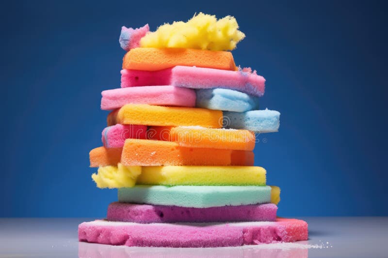 Stack of Multicolored Shower Sponges with Foam Dripping Stock Photo