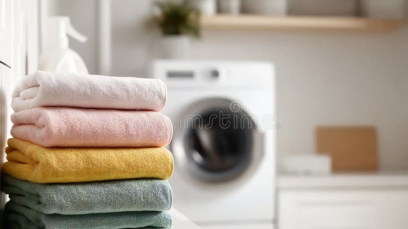 Stack of multicolored towels in modern laundry room with washer machine stock illustration
