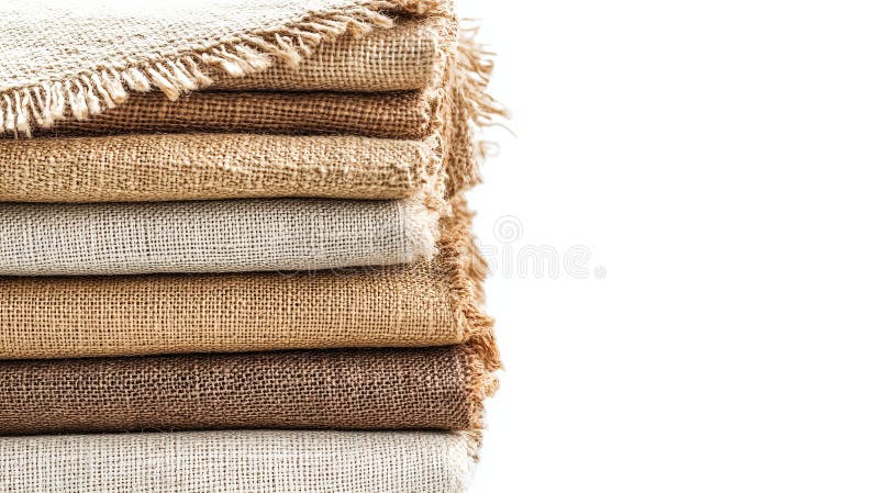 Stack of natural burlap fabric in various earth tones royalty free stock image