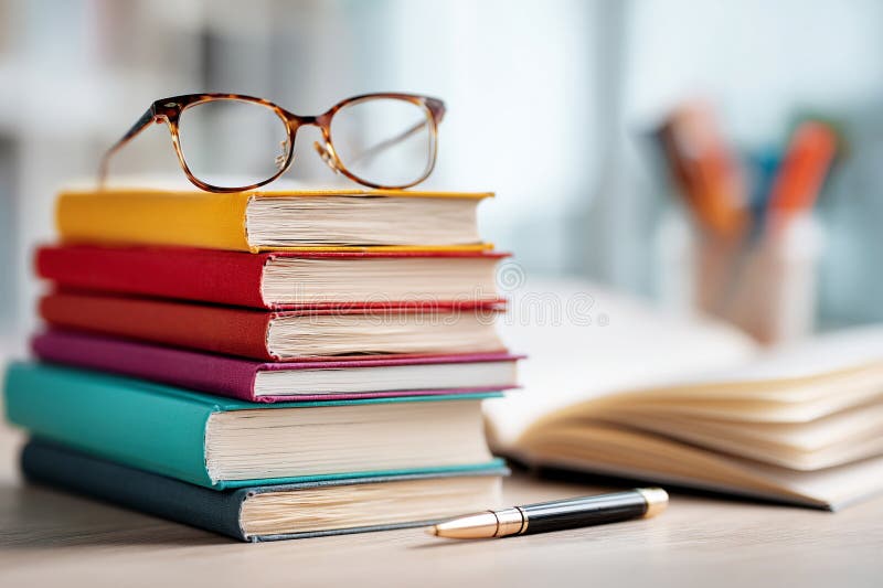 A stack of neatly organized books on a desk, with a pen and reading glasses, represents intellectual labor royalty free stock images