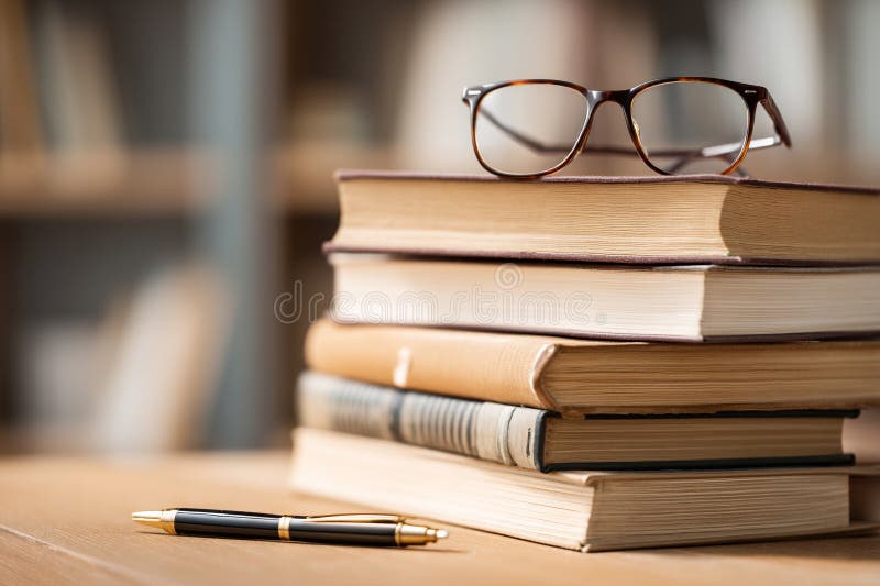 A stack of neatly organized books on a desk, with a pen and reading glasses, represents intellectual labor stock photos