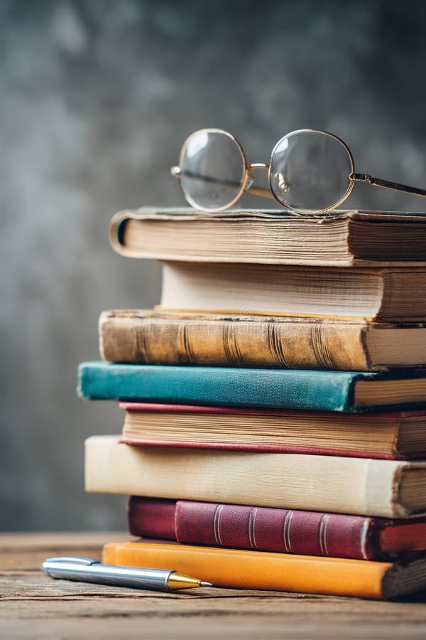 A stack of neatly organized books on a desk, with a pen and reading glasses, represents intellectual labor royalty free stock photography