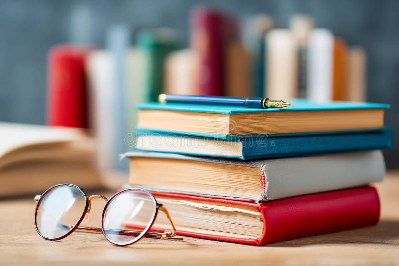 A stack of neatly organized books on a desk, with a pen and reading glasses, represents intellectual labor royalty free stock photo