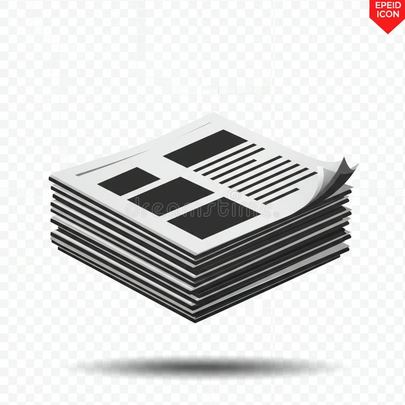 A stack of newspapers with visible text and image placeholders, rendered in black and stock illustration