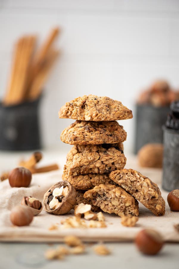 Stack of Oatmeal Cookies with Dried Fruits and Nuts Stock Photo Image