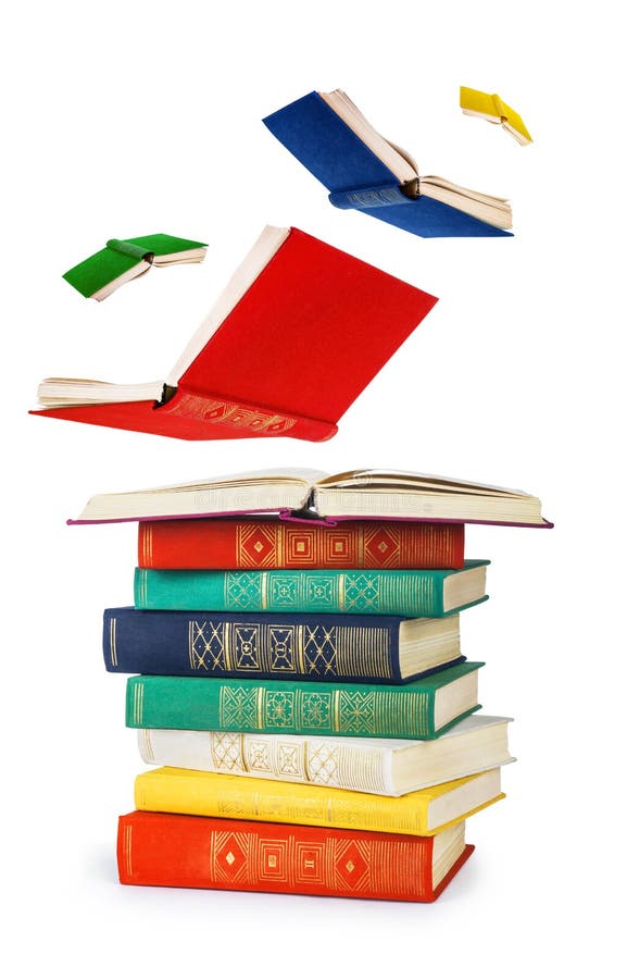 Stack of old books and flying books