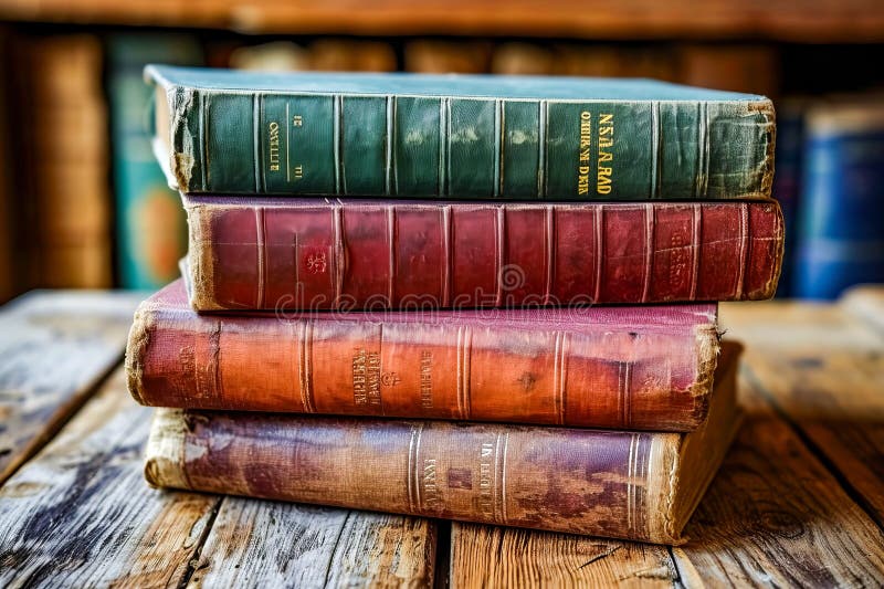 Stack of Old Books with Their Spines Visible Placed on Wooden Table Stack of Old Books with Their Spines Visible Placed on Wooden Table