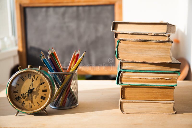 Stack Of Old Books On Wood Desk Stock Image - Image of 
