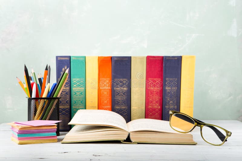 Stack Old Color Books Glasses Stationery Table Stock Photos Free