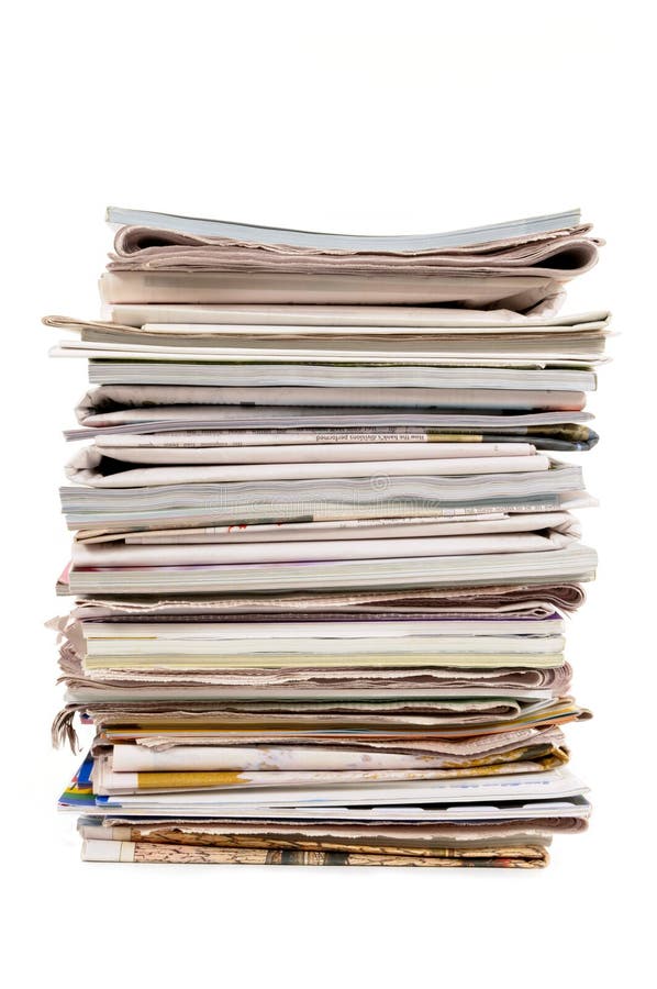 Stack of old newspapers and magazines, vertical, isolated on white background