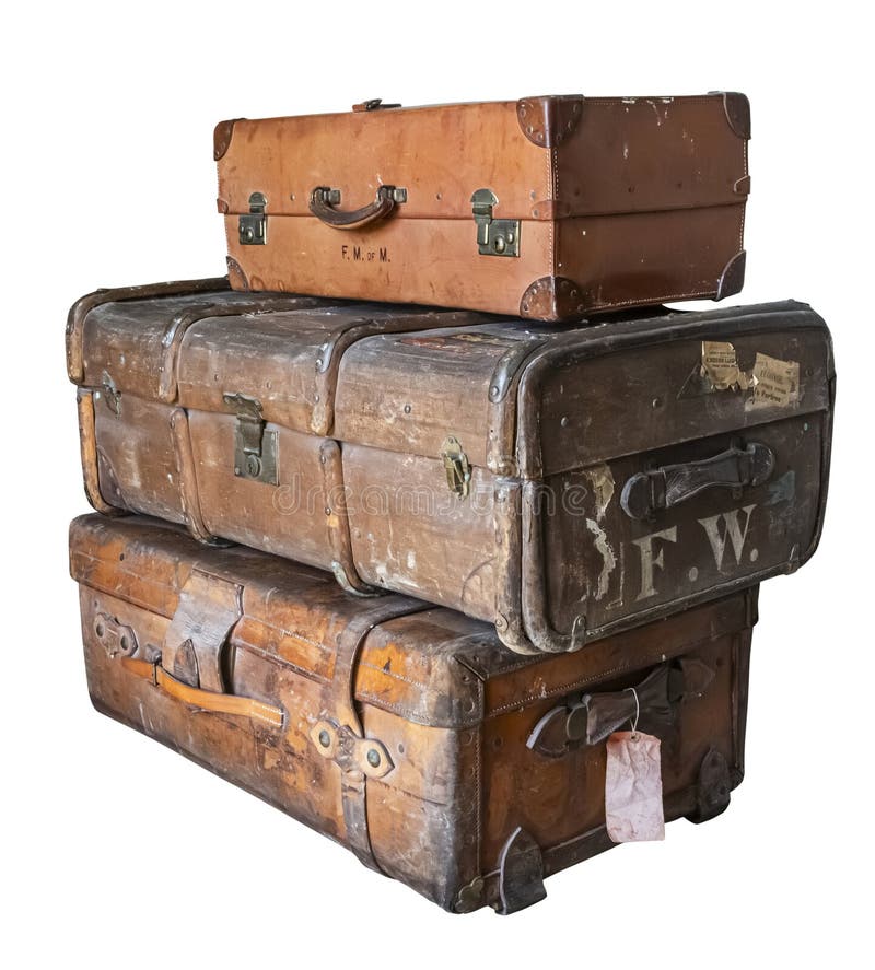 Set of 3 Antique Leather Luggage Cabin Trunks - Carrocel Fine