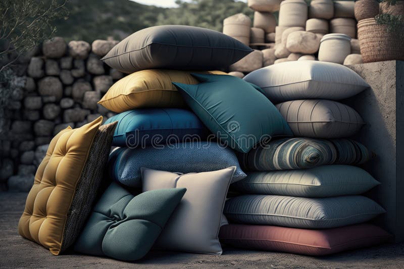 A Stack of Outdoor Cushions for Comfort. Generative AI Stock