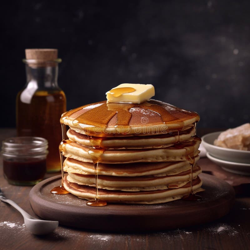 A stack of pancakes with butter and syrup, for breakfast stock illustration