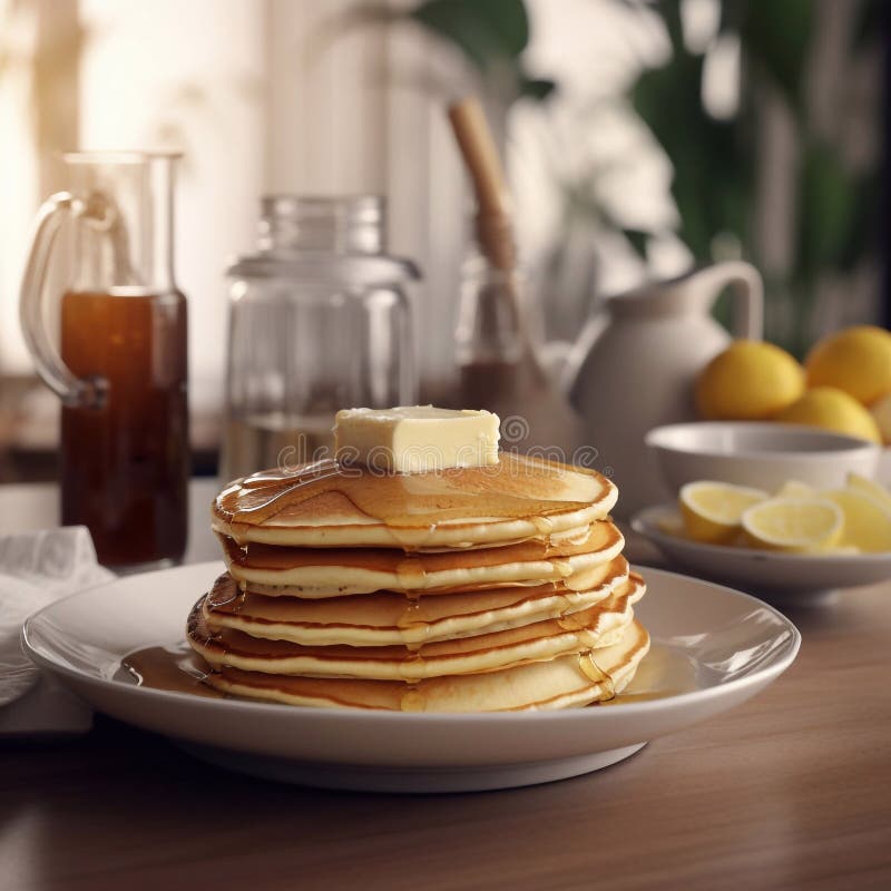 A stack of pancakes with butter and syrup, for breakfast royalty free illustration