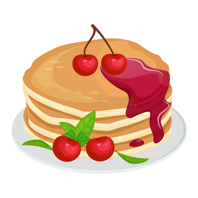 Stack of pancakes with dripping cherry syrup and cherries on top. Plate with american breakfast pancakes, sweet dessert stock illustration