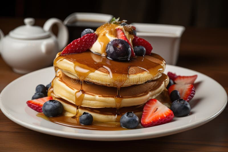Stack of Pancakes, Drizzled with Syrup and Topped with Fresh Fruit