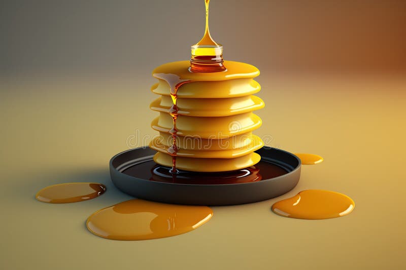 Stack of Pancakes with Maple Syrup or Honey on Orange Background. Stock