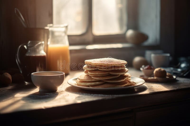 Stack of Pancakes with Syrup and a Glass of Orange Juice for Breakfast