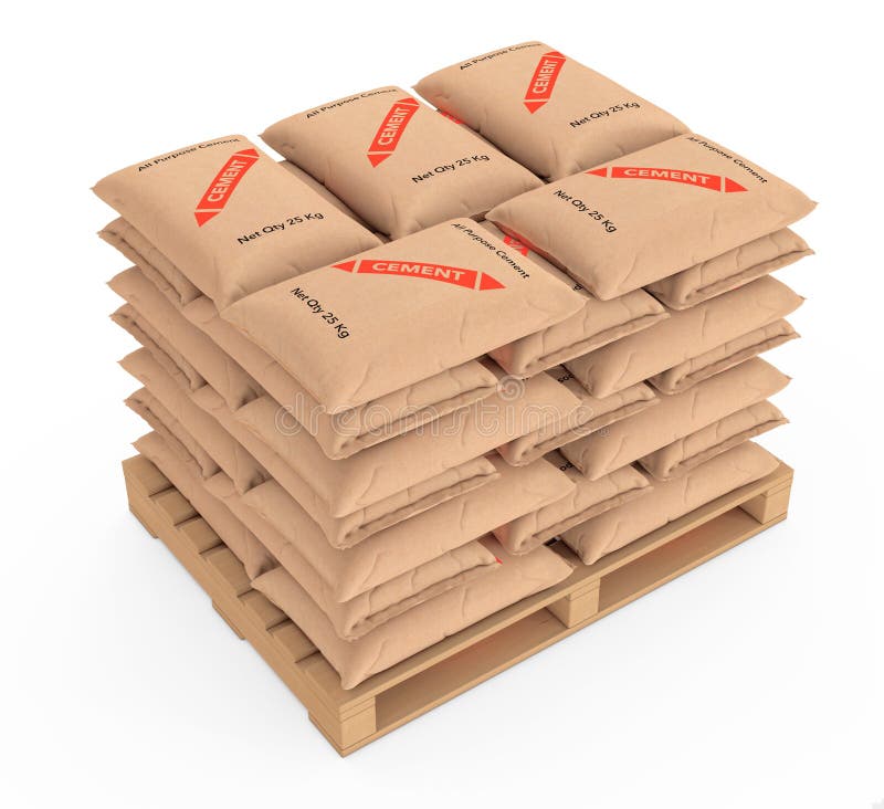 Stack of Paper Sacks Cement Bags Over Wooden Pallet. 3d Rendering Stock