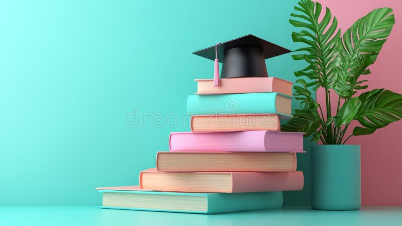 Graduation Books Stack Education Success Pastel Colors Plant vector illustration
