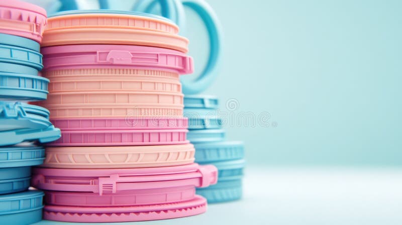Stack of pastel colored plastic lids against light blue background stock photo