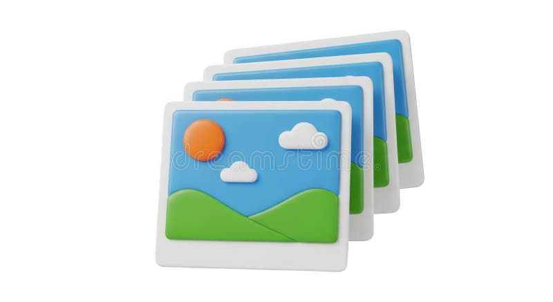 Stack of photo frames with landscape scenes isolated on transparent background royalty free illustration