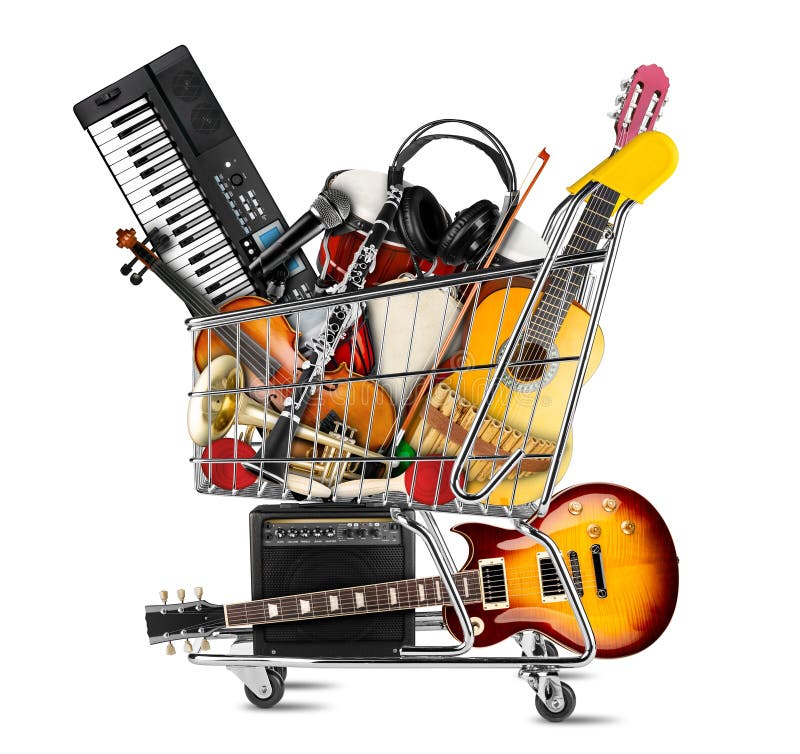 Stack pile collage of various musical instruments in shopping cart. Electric guitar violin piano keyboard bongo  tamburin harmonica trumpet. store online shop studio music concept isolated background. Stack pile collage of various musical instruments in shopping cart. Electric guitar violin piano keyboard bongo  tamburin harmonica trumpet. store online shop studio music concept isolated background