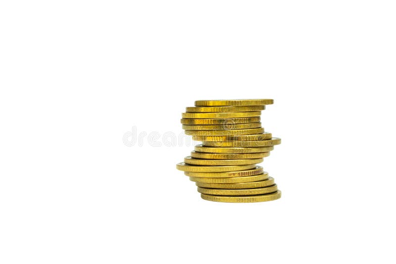 Stack or Pile Old Golden Coins Isolated on White Background. Stock