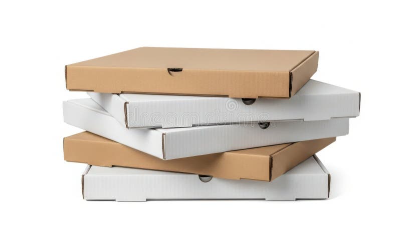 Stack of pizza boxes in various colors and sizes on a white background vector illustration