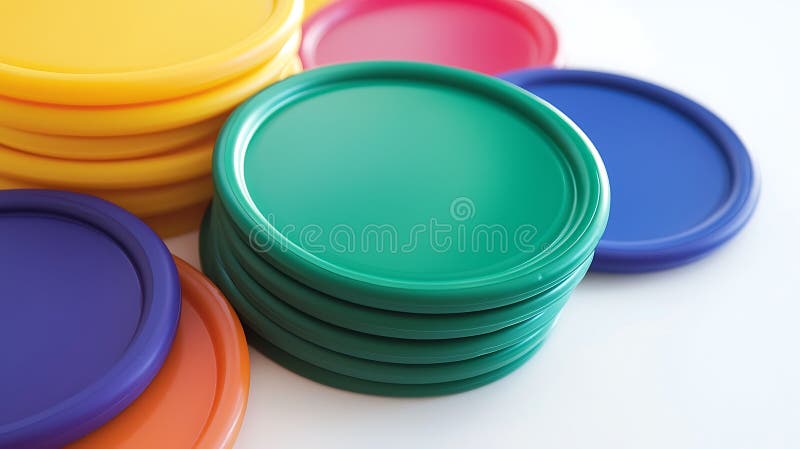 A stack of plastic lids in various colors stock photo