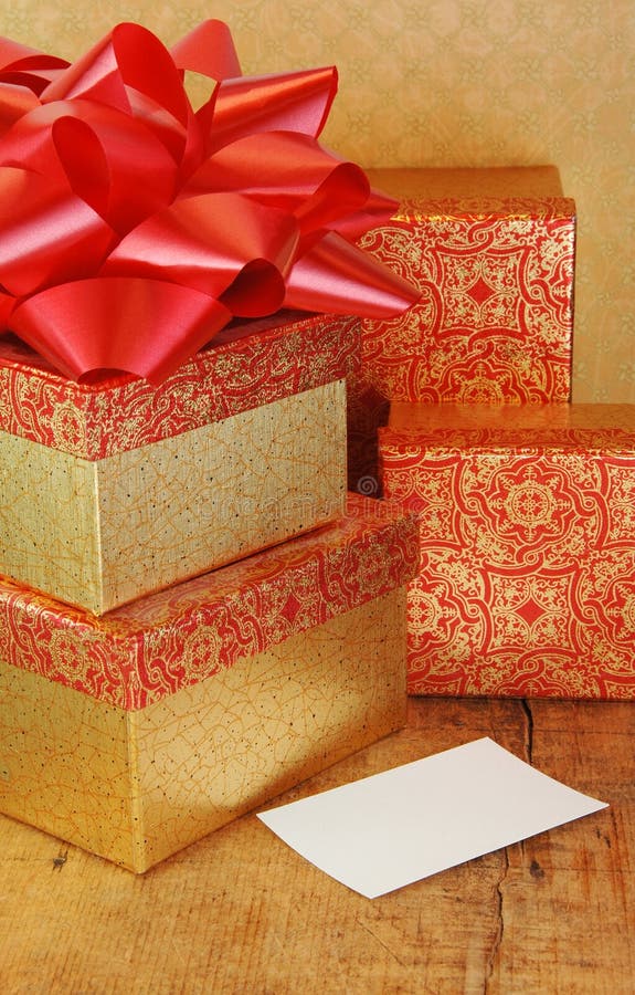 Stack of Presents in Gold and Red