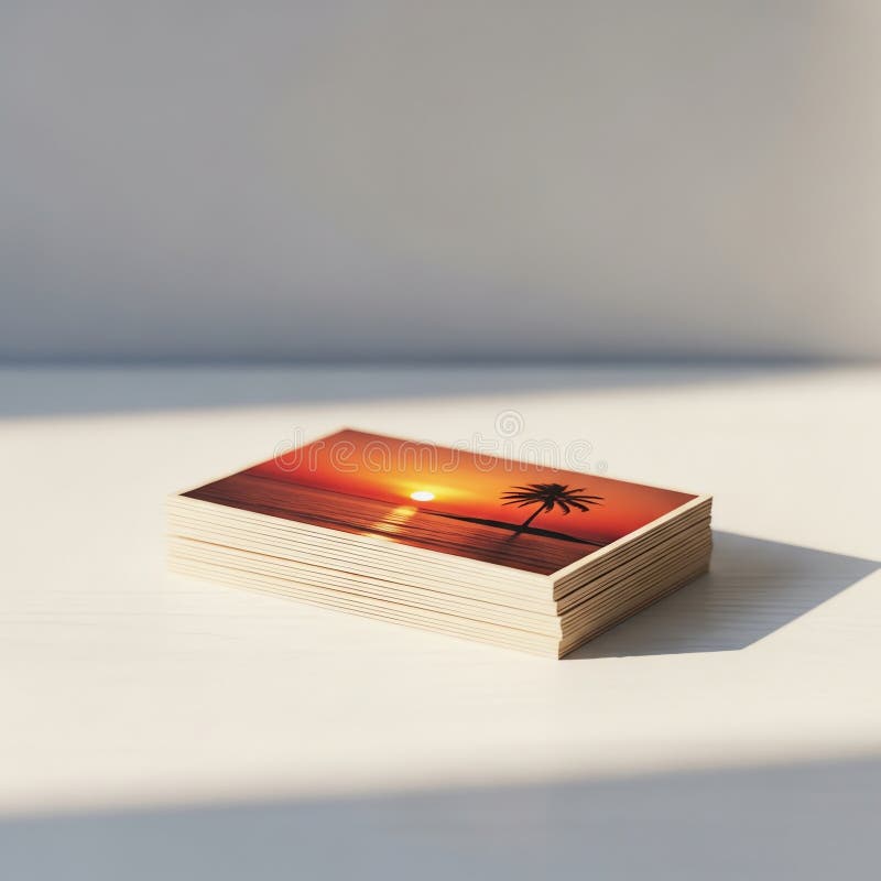 A stack of business cards showing a tropical sunset with a palm tree on a white table stock illustration