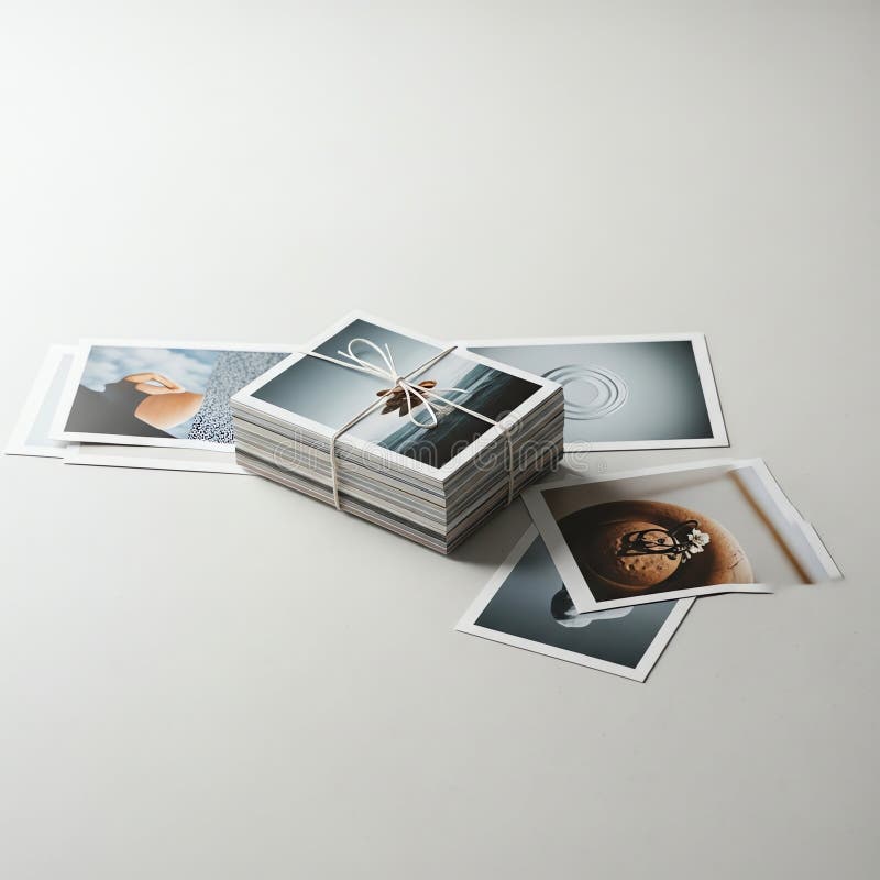 Stack of printed photographs tied with string on white background with scattered prints stock illustration