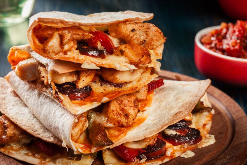 Stack of Quesadillas with Chicken, Sausage Chorizo and Red Peppe Stock