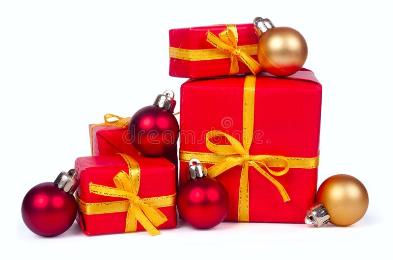 Stack of Red Gift Boxes and Christmas Balls Stock Image Image of