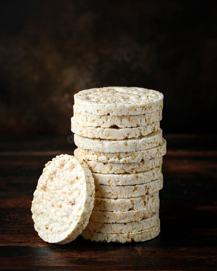 Stack of Rice Crackers on Wooden Table. Healthy Food Stock Image